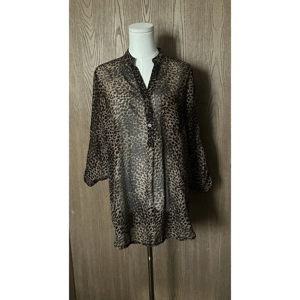 Mix It Sheer Leopard Print Button-Up Blouse in Brown and Black - Picture 10 of 12